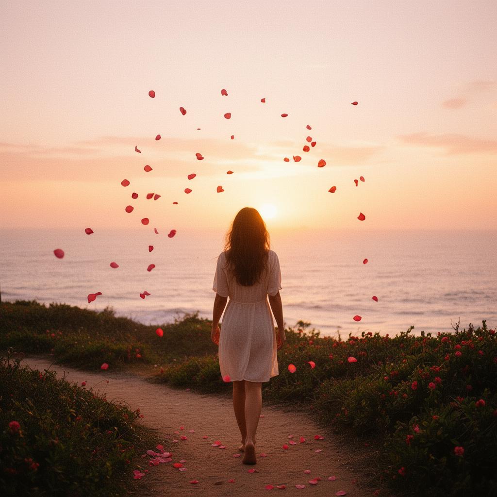 Mulher caminhando em direção ao pôr do sol
