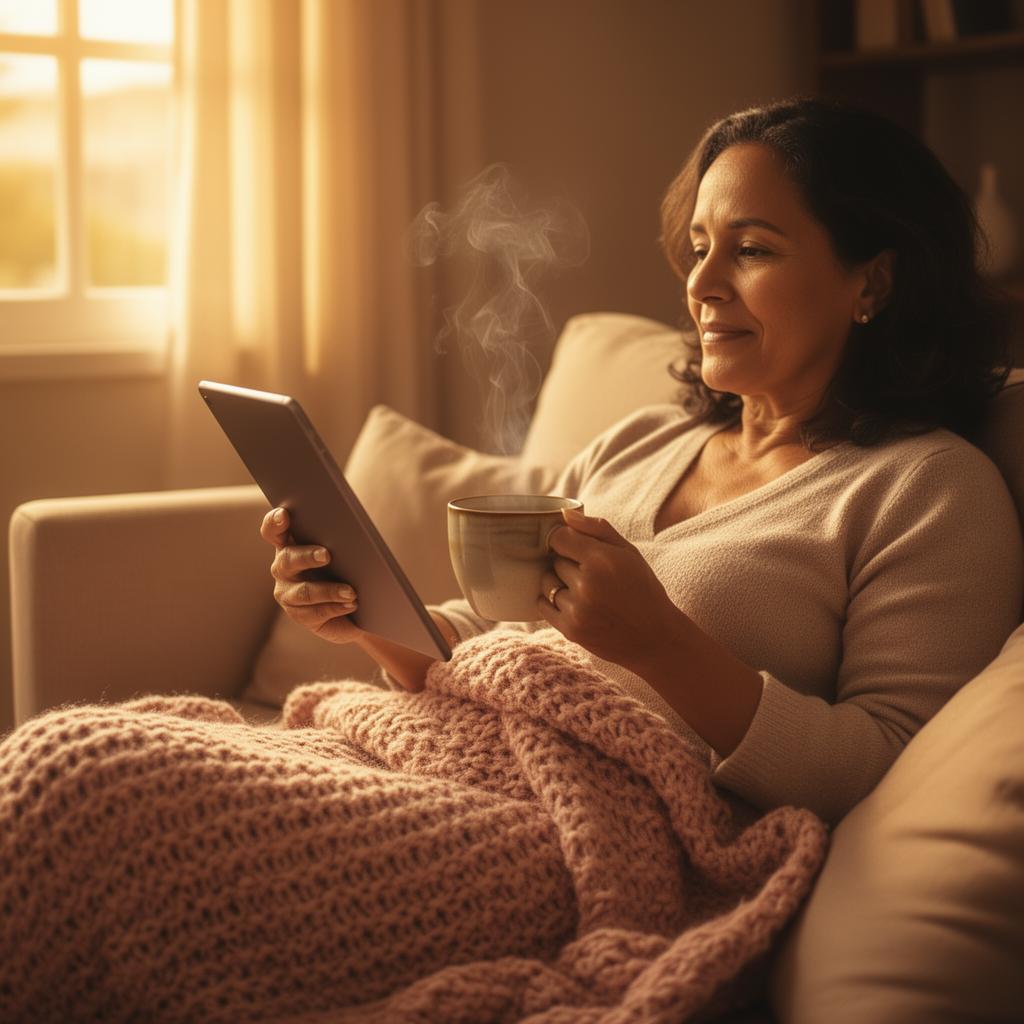 Mulher segurando um livro e uma xícara de chá